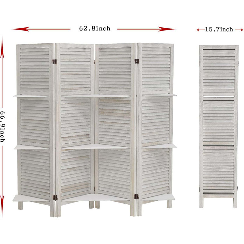 4 Panel Wood Room Divider Screen with Shelves - Freestanding Partition with Display Shelves, Grey