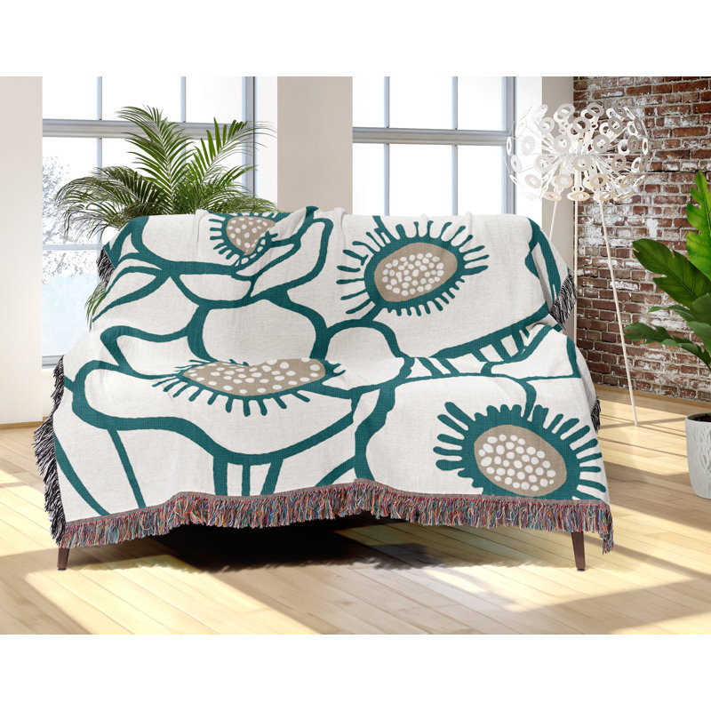 Jeté floral en coton, 50 x 70, Turquoise