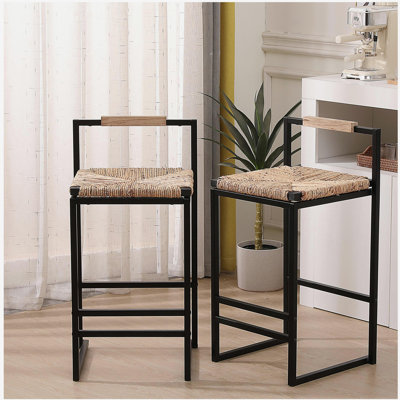 Ensemble de 2 tabourets de bar tissés avec chaises à hauteur de comptoir pour la cuisine, la maison et le bureau (jacinthe d'eau avec dossier)