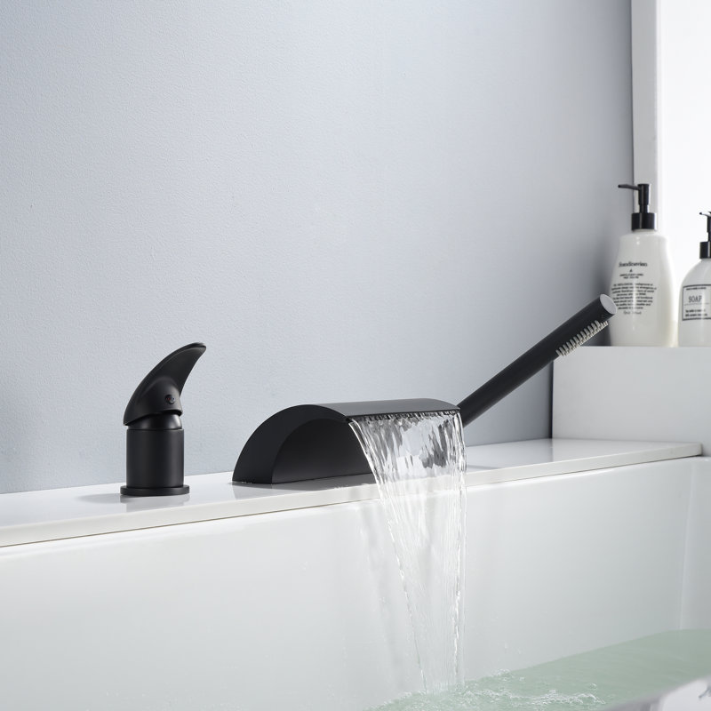 Bathtub Faucet Deck Mount, Bath Tub Faucet with High Flow Waterfall Spout, Matte Black
