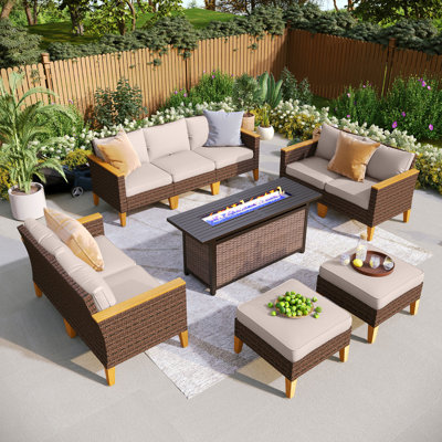 Ensemble de mobilier d'extérieur en osier 9 pièces Argyri, ensemble de patio modulaire avec coussins beiges