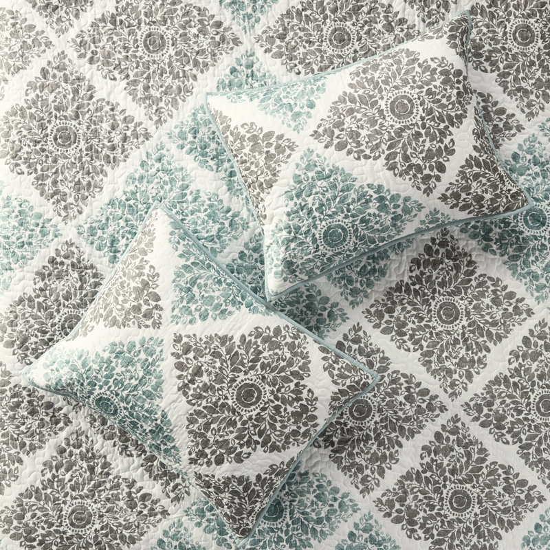 Courtepointe 6 pièces pour très grand / très grand lit. Imprimé en microfibre, matelassage vermicelle, petites feuilles, 2 taies décoratives, 3 coussins très grand. Microfibre avec revers en diamant doux brossé