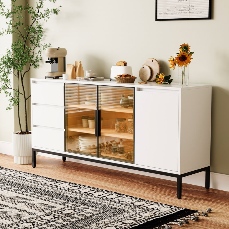 Buffet blanc avec 3 tiroirs et portes de rangement, pour la cuisine et les portes