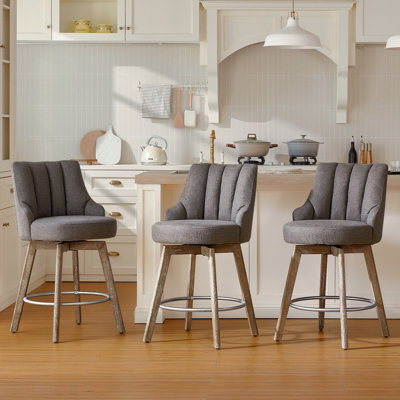 Counter Height Bar Stools,Swivel Bar Stools with Backs,Barstools Set of 3,26'' Solid Wood Legs,Thick Seat Upholstered Linen Fabric Counter Height Stools in Grey