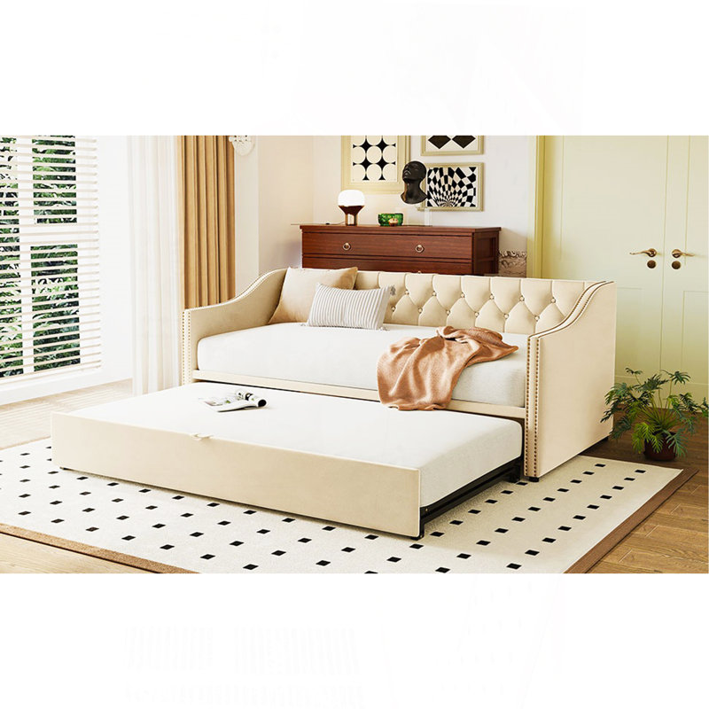 Lit de jour simple tapissier avec couchette escamotable, beige, Beige