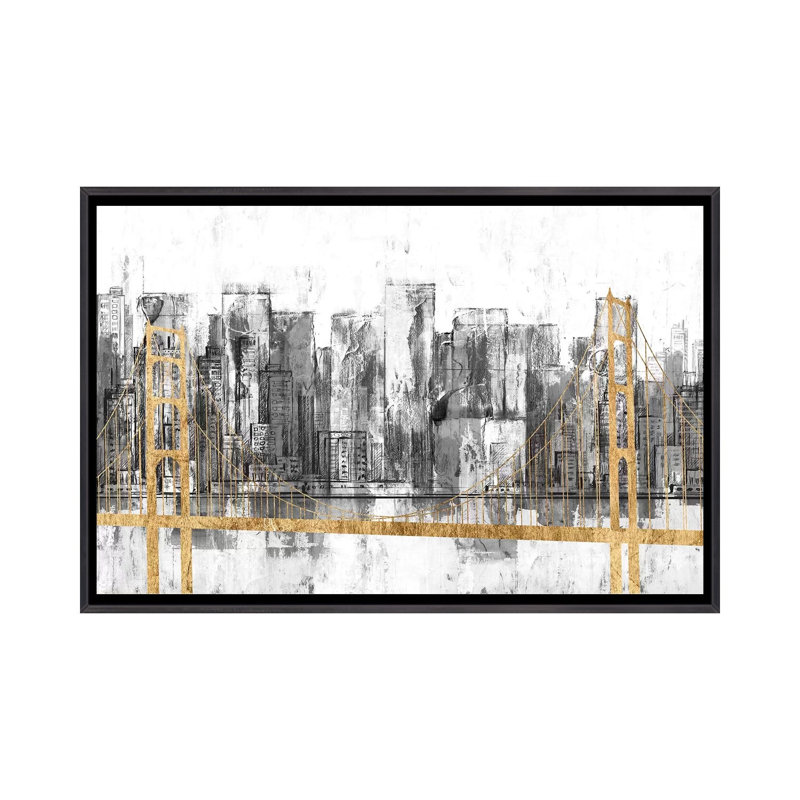« Golden Bridge panorama » par Jennifer Goldberger-impression, Toile avec cadre noir patiné, H 18 po x l 26 po x P 1,5 po