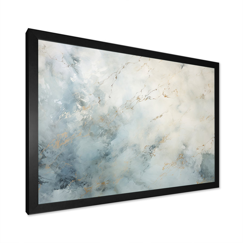 «Blue and White Snow Blooming - Abstract Shapes», art mural, Cadre simple noir, H 16 po x l 32 po x P 1 po