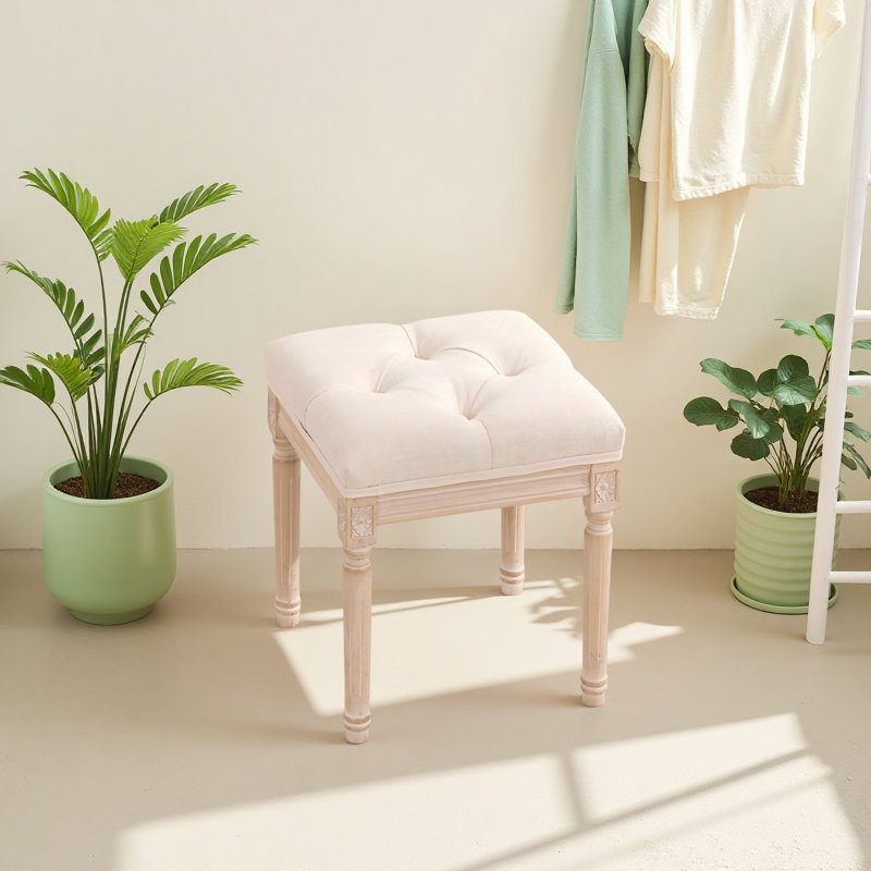 Banc de style français, banc d'entrée en tissu de lin, banc rembourré capitonné avec pieds en bois brossé