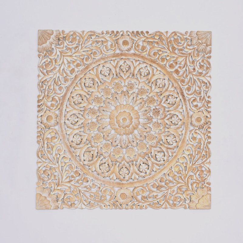 Décoration murale | Art mural carré en bois floral sculpté à la main Mandala | Décoration murale | 48 po x 48 po
