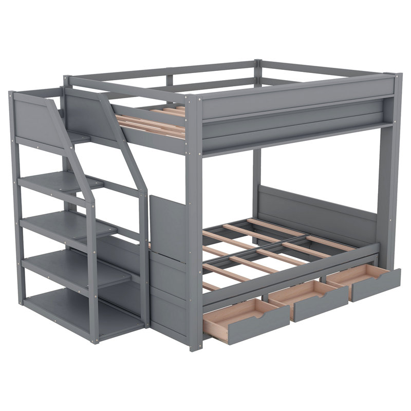 Lit superposé convertible en bois avec escalier de rangement, table de chevet et 3 tiroirs