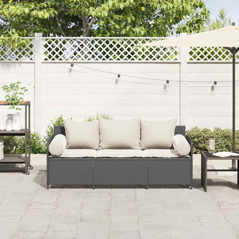 Patio Sofa With Cushions 3-Seater Gray Poly Rattan, Cream, Black