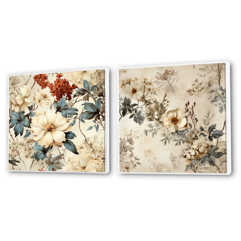 Ensemble de 2 bricoles rétro vintage à motif floral campagnard beige, Cadre flottant blanc, H 36 po x l 73 po