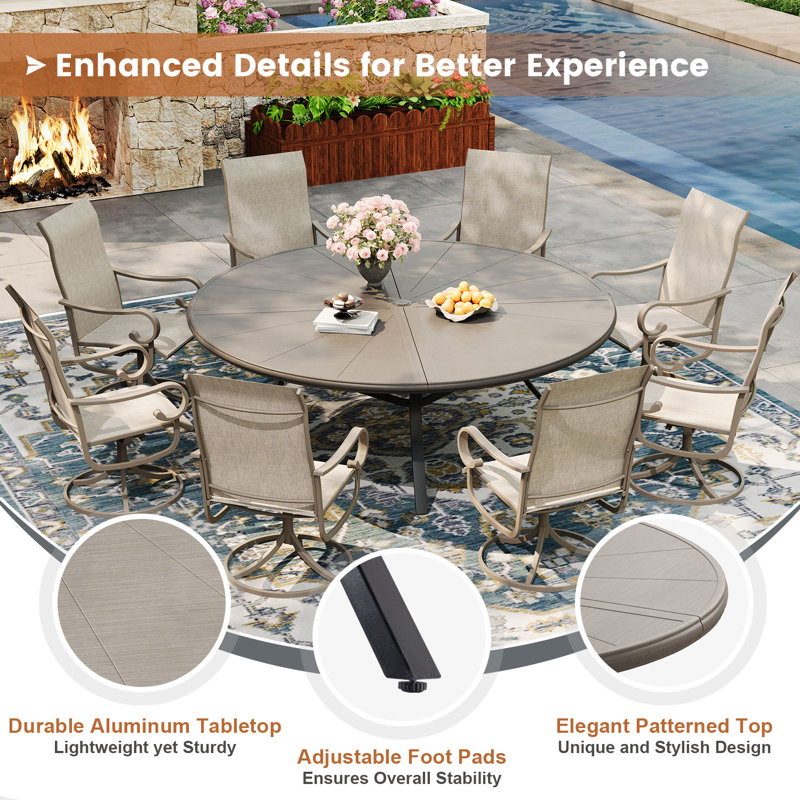 8-Person Aluminum Round Patio Dining Table, Brush Wood Gray