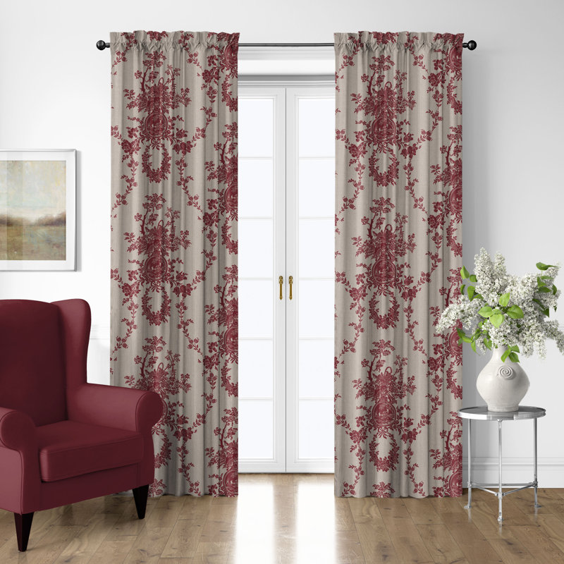 Country Lane Toile Crimson Cotton Rod Pocket Drapery Panel Set of 2, 50" W  x 120" L