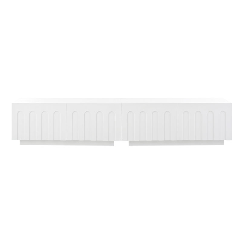 Élégant meuble télé blanc pour téléviseur de 80 po ou moins, table basse à quatre tiroirs avec rangement caché pour consoles de jeux, conception arquée sophistiquée, armoire multifonctionnelle et table de rangement, organisateur à 4 tiroirs