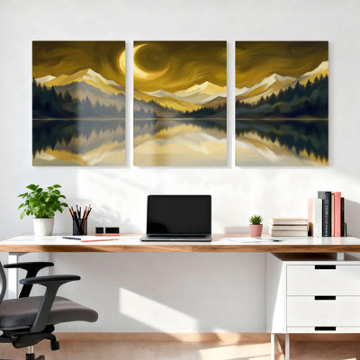 Lune dorée sur lac de montagne, reproduction d'art sur toile tendue sur toile, ensemble de 3, pour salon, chambre à coucher, décoration intérieure
