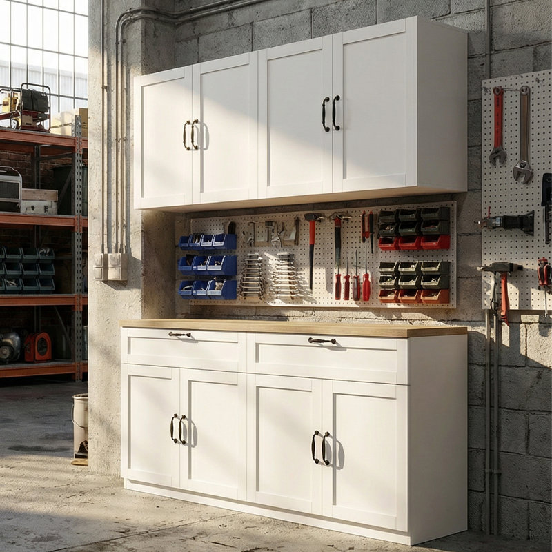 Split 8 Door 2 Drawer Garage Cabinet With Worktop, White