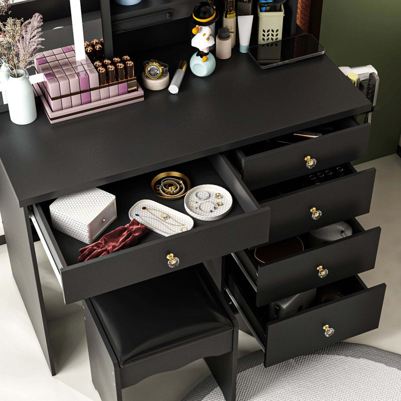 Aneirin 39.4'' Wide Vanity Set With Socket & Sliding Mirror, Black