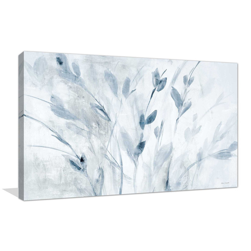«Blue Misty Leaves» par Lanie Loreth - Peinture, Toile tendue, H 24 po x l 40 po x P 1,5 po