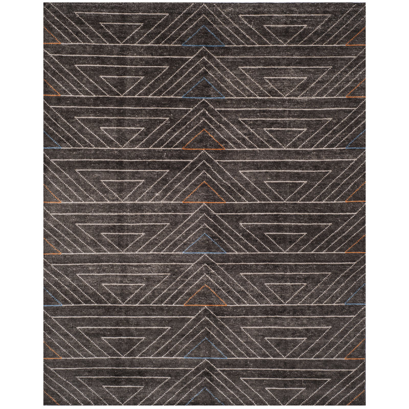 Tapis géométrique en soie noué à la main brun foncé, Rectangle 8 pi x 10 pi