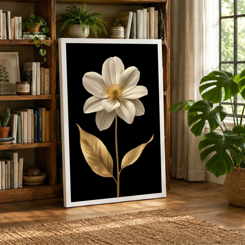 Golden Bloom Study Botanical - Wrapped Canvas, 30x20 - 76.2 x 50.8 cm, Teal Border