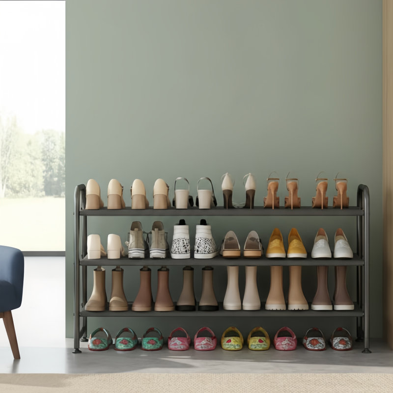 3-Tier Black Long Shoe Rack, Suitable For Closet And Entryway, Wide Metal Material Storage