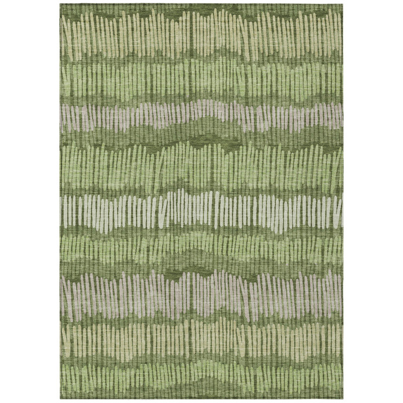 3' X 5' Olive Green And Gray Striped Washable Indoor Outdoor Area Rug