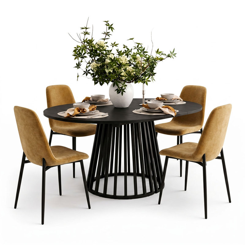 4- Person Dining Table Sets With Extendabe Oval Table & 4 Upholstered Chenille Dining Chairs, Gold