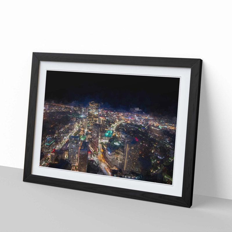 Night in Boston Massachusetts in Abstract - Picture Frame Graphic Art Print, 27cm H x 36cm W x 2cm D, Black Framed