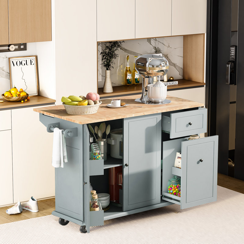 Chariot de cuisine avec plateau en bois manufacturé Tima, Bleu-gris