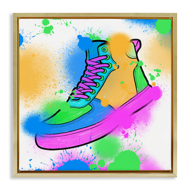 «Splattered Cool Sneakers» par Marcus Prime, H 18 po x l 18 po, Cadre flottant métallique doré