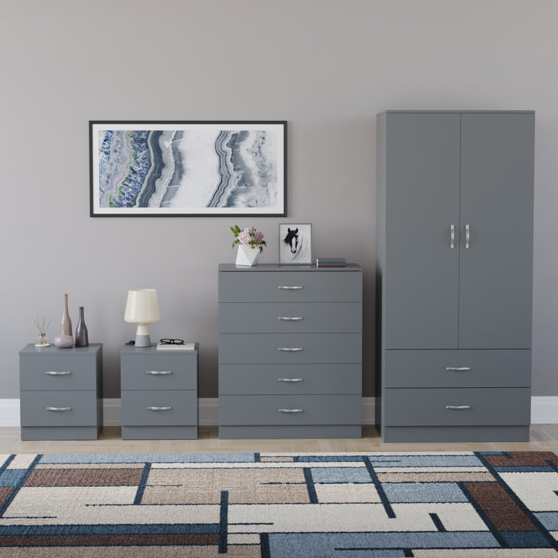 Tayce 4 Piece Bedroom Set (2 Drawer Bedside Chest X2, 5 Drawer Chest, 2 Door 2 Drawer Wardrobe, Grey