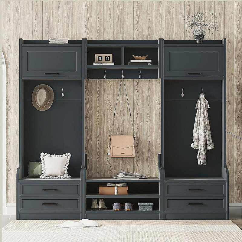 Portemanteau amovible 4 en 1 avec rangement et 7 crochets, portemanteau multifonctionnel avec tiroirs de rangement et armoire, banc à chaussures bleu antique pour le vestibule