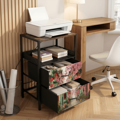 Table de chevet 2 tiroirs avec station de charge, table de chevet pour chambre à coucher avec ports USB, tablette ouverte noire, table de chevet avec charmante lanterne rose