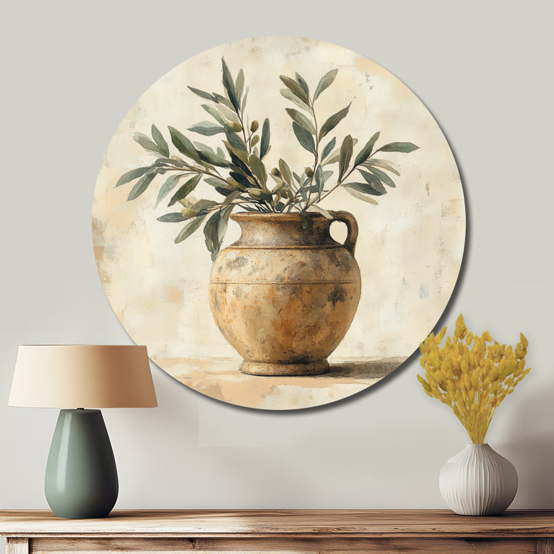 Art mural rétro - Urne antique avec branches olive - Boho poterie ronde en métal, L 16 po x H 16 po