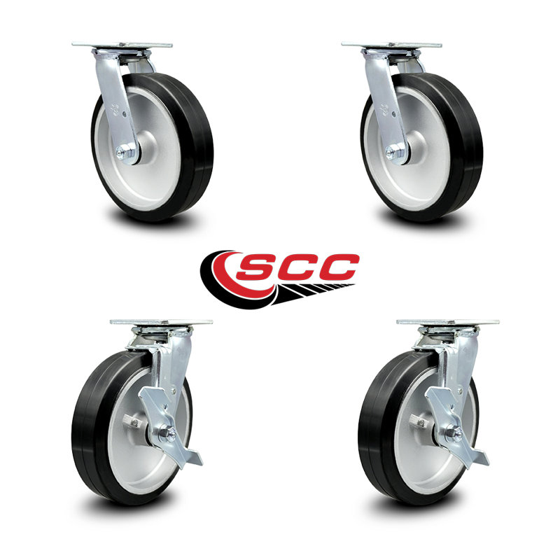Ensemble de roulettes pivotantes en caoutchouc sur aluminium 8 pouces avec roulement à billes et 2 freins SCC