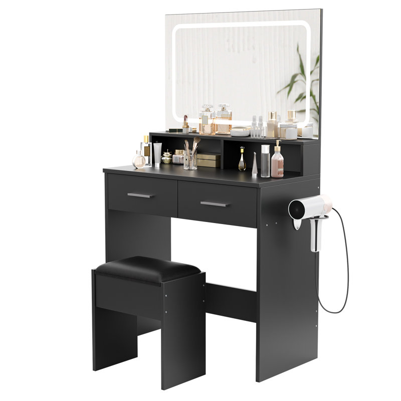 Bureau de coiffeuse avec miroir et lumières, DEL réglable, tabouret, tiroirs, station de charge, table de maquillage pour chambre à coucher ou studio
