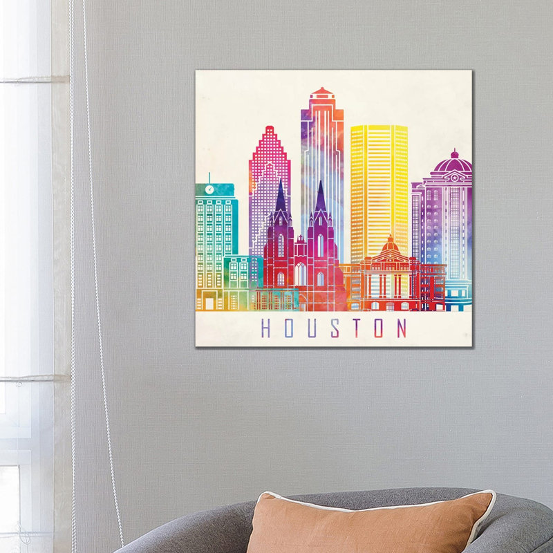 Houston Landmarks Watercolour Horizontal by Paul Rommer - Wrapped Canvas Painting, 66.04cm H x 66.04cm W x 1.91cm D
