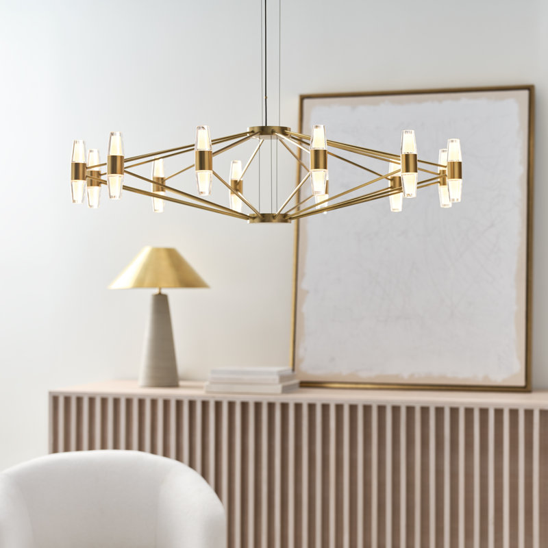 Sean Lavin Lassell large chandelier in natural brass finish with crystal glass shades, Hand Rubbed Antique Brass