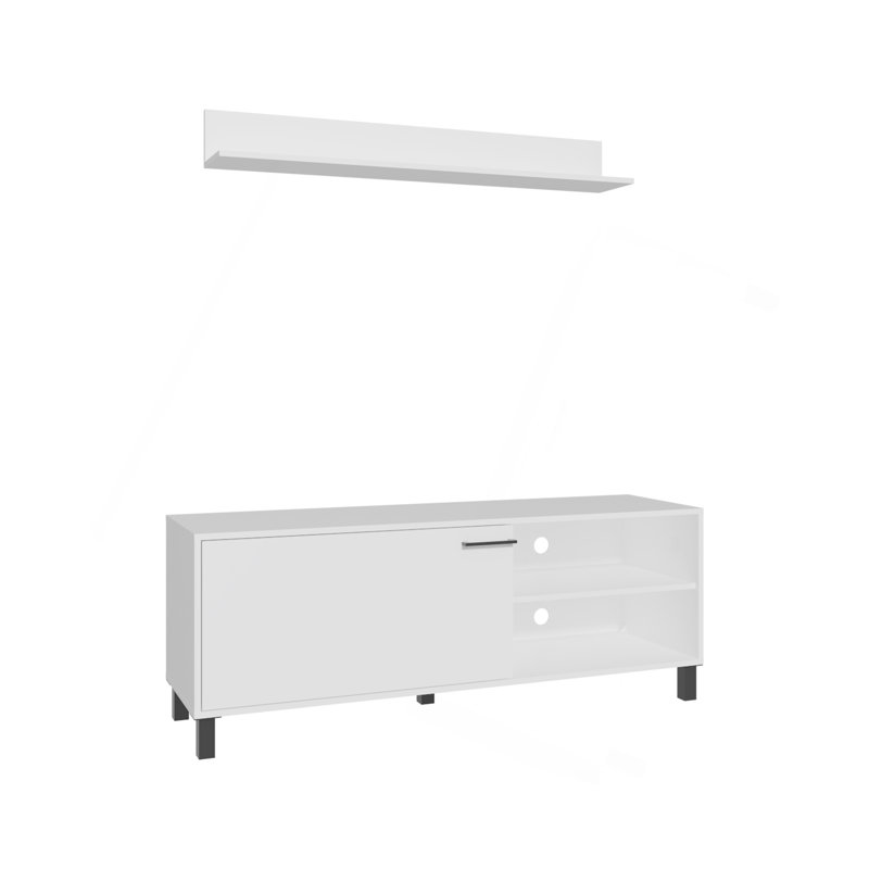 Ensemble de salon, meuble télé + tablette murale, 1 porte, 3 tablettes, blanc