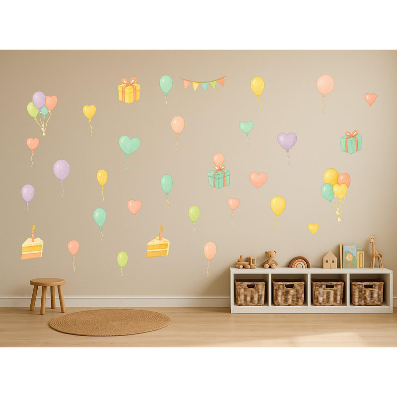 Party Balloon Wall Decals, Set of 32 Peel and Stick Nursery Wall Stickers, Satin Finish Removable Kids Room Wall Art, 20"W x 20"H (50 x 50 cm)