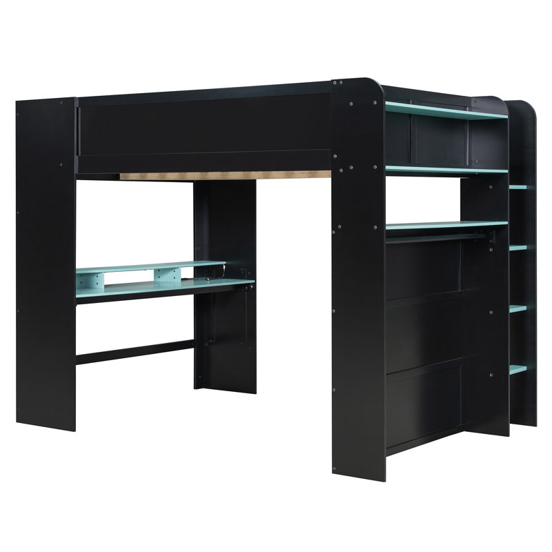 Lit superposé double en bois avec bureau, garde-robe, rangement et lumière RVB pour jouer et étudier, bleu
