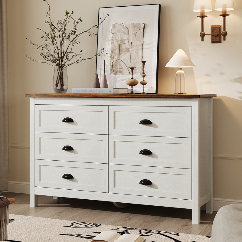 Rilynn Dresser For Bedroom, Modern Dresser With 6 Drawers, Wide Chest Of Drawers With Metal Handles, Brun / Blanc