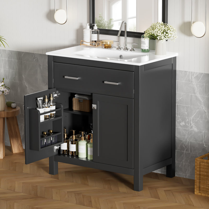 Meuble-lavabo moderne 30 po avec lavabo en céramique, portes et tablette à fermeture en douceur, Noir / Noir