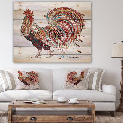 Symbole du coq à motifs du Nouvel An chinois - peinture sur bois sans cadre