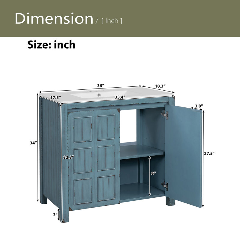 36 " Bathroom Vanity Organizer With Ceramic Sink, Blue