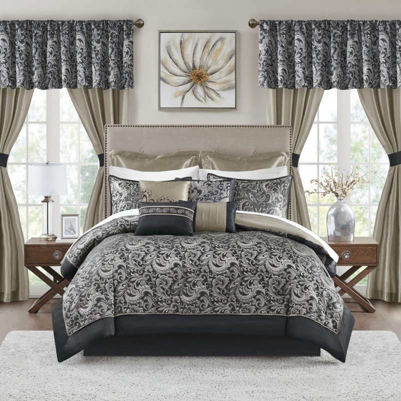 Brystol Luxury 24-Piece Bedding Set, Queen Comforter + 23 Additional Pieces, Black