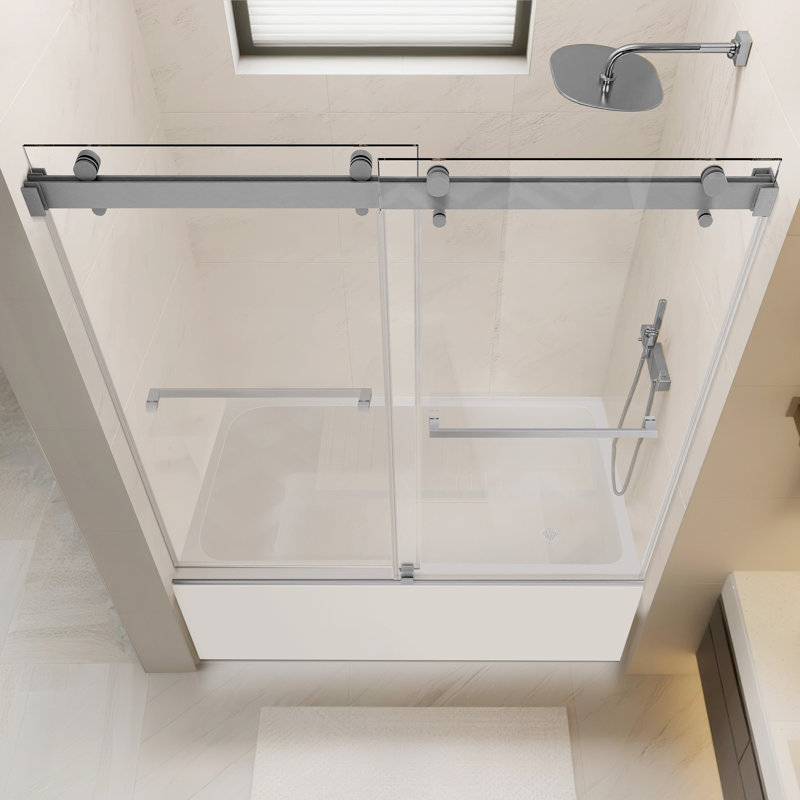 60"W x 60"H Sliding Shower Door, 3/8”(10mm) Tempered Glass, Stainless Steel Track, Smooth Glide with Buffer, Adjustable 4” Range, Left/Right Installation