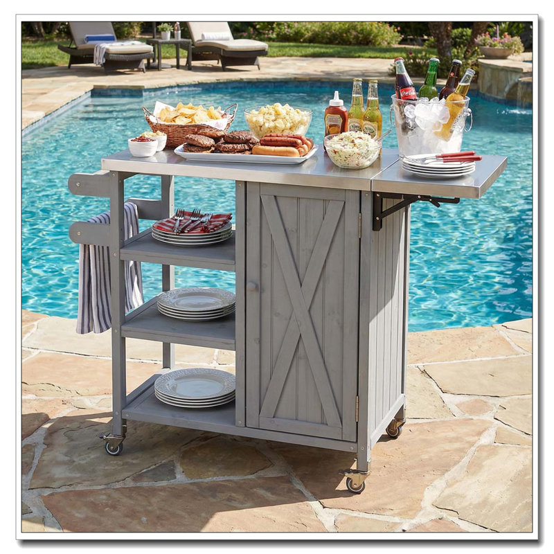 Foldable Outdoor Kitchen Island Patio Kitchen Island Outdoor Kitchen Cart Portable Prep Station with Lockable Wheels, Grey