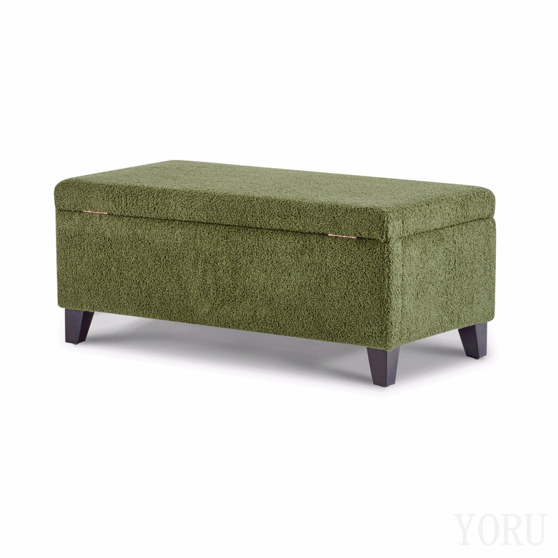Repose-pieds de rangement avec couvercle rabattable, assemblage facile, pieds bouclés en tissu et en bois d'hévéa, vert rétro